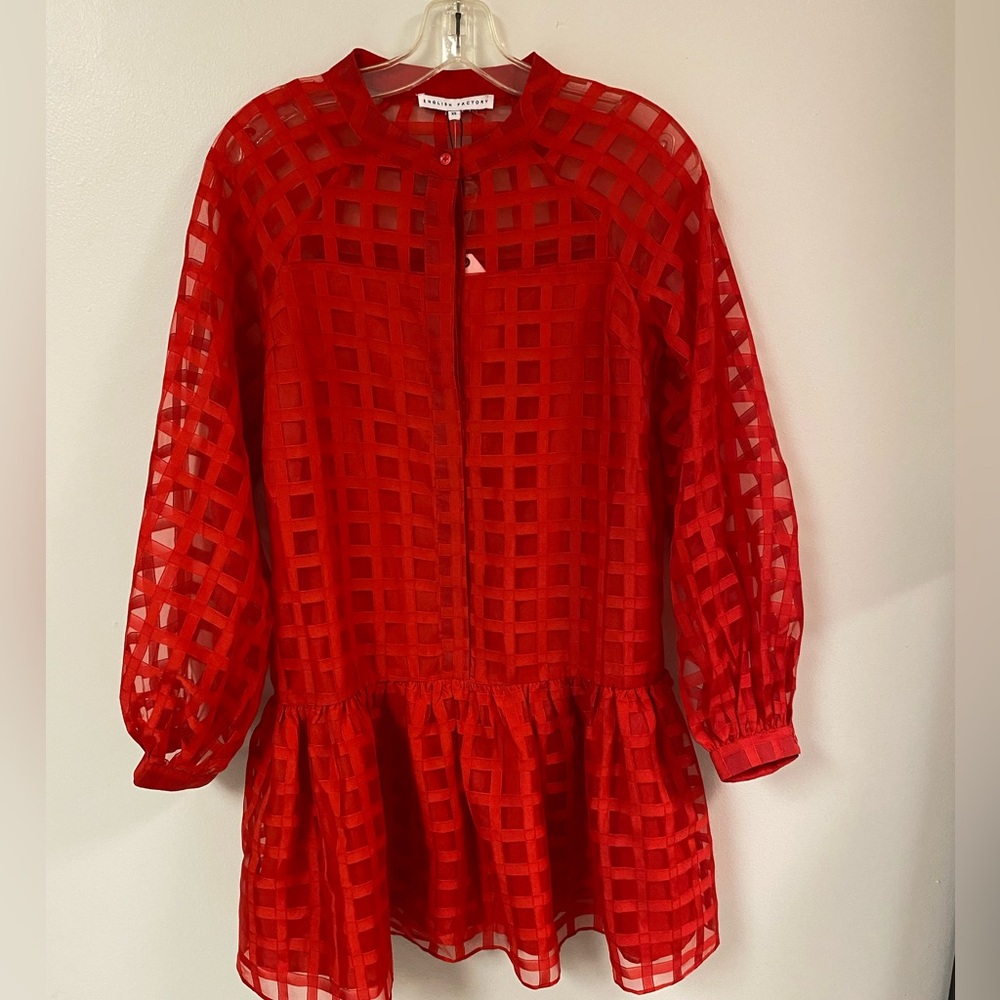 English Factory Women's Check Organza Buttoned Long Sleeves Red Mini Dress - Picture 1 of 5